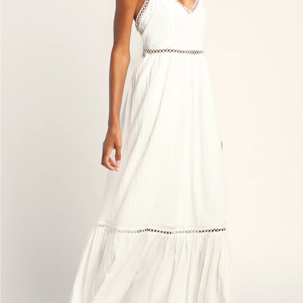Lulus Relaxed Vibes White Sleeveless Lace Up Maxi Dress M Boho Summer Wedding
